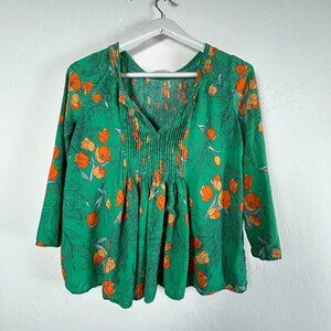 Anthropologie by Vanessa and Virginia Pintuck Floral Swing Top Green 3/4 Sleeve